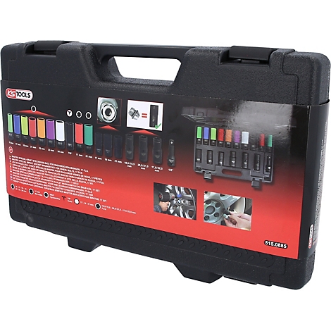 Schwarzer Werkzeugkoffer mit farbigen Steckschlüsseln und Anwendungsbeispielen.